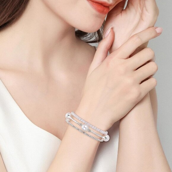 Three-Layer Pearl and Rhinestone Bracelet - Exquisite Silver Stackable Elegance - Picture 5 of 7